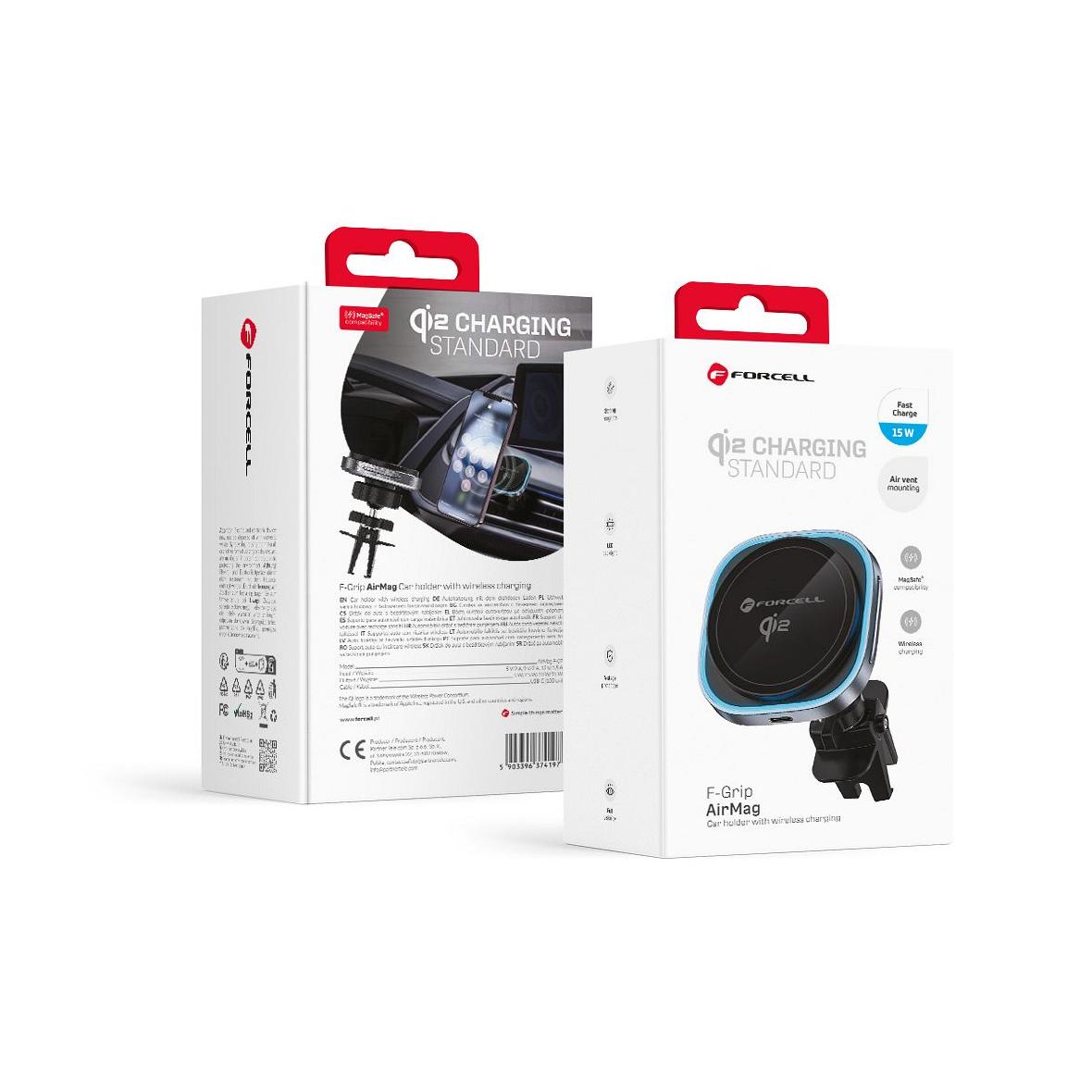 Uchwyt na telefon do samochodu indukcyjny zgodny z MagSafe Forcell F-Grip Air Mag F-07 Qi2 15W do kratki srebrny