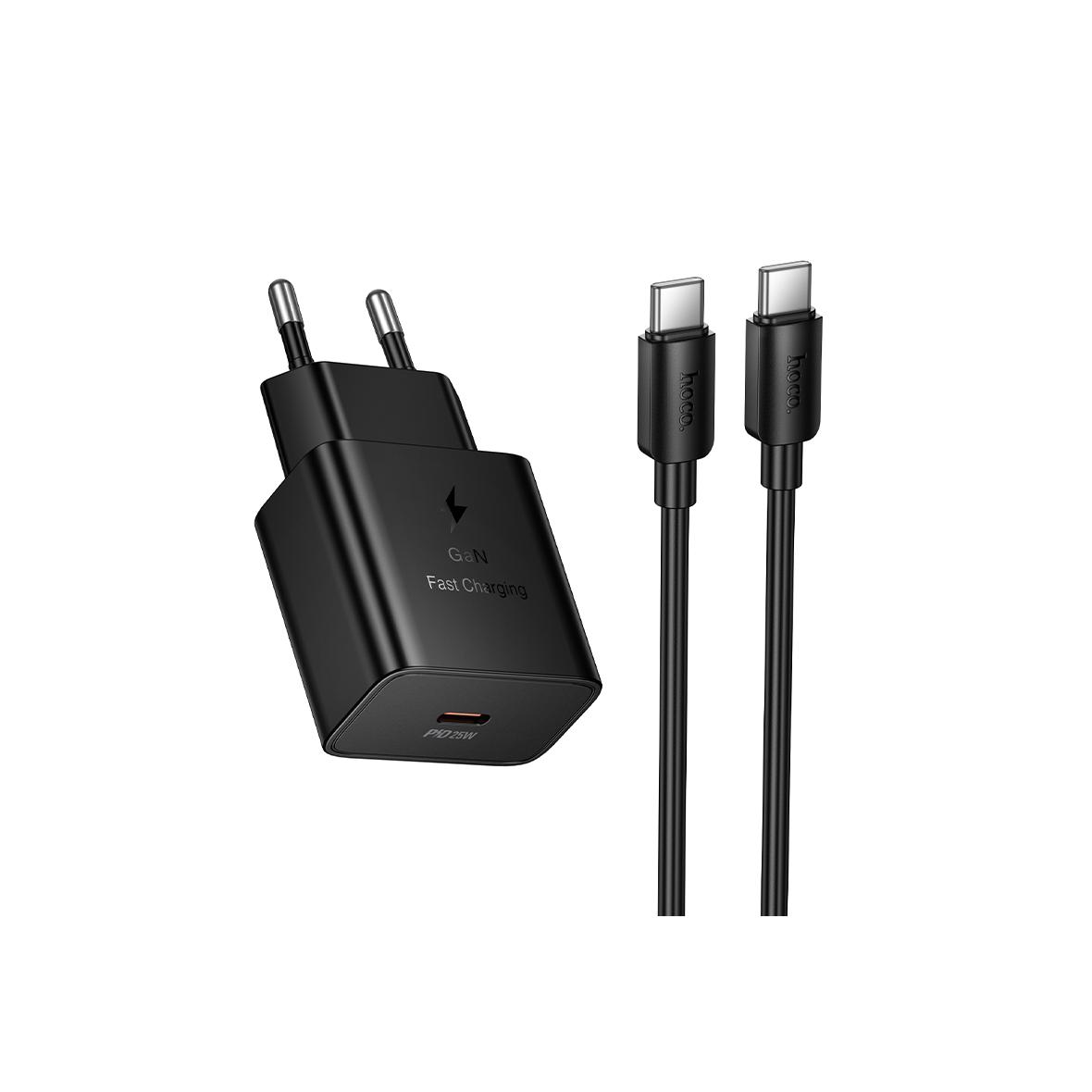 Ładowarka sieciowa do telefonu Hoco USB C QC PD 25W + kabel USB C do USB C N76 czarna