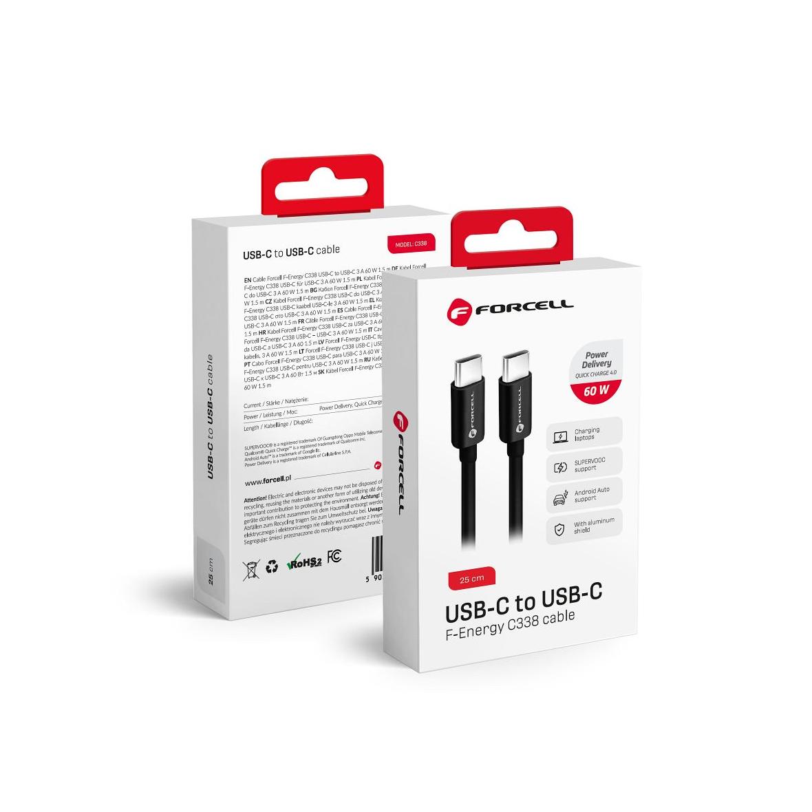 Kabel USB C do USB C Forcell F-Energy QC4.0 PD 3A 60W 0,25 m C338 czarny
