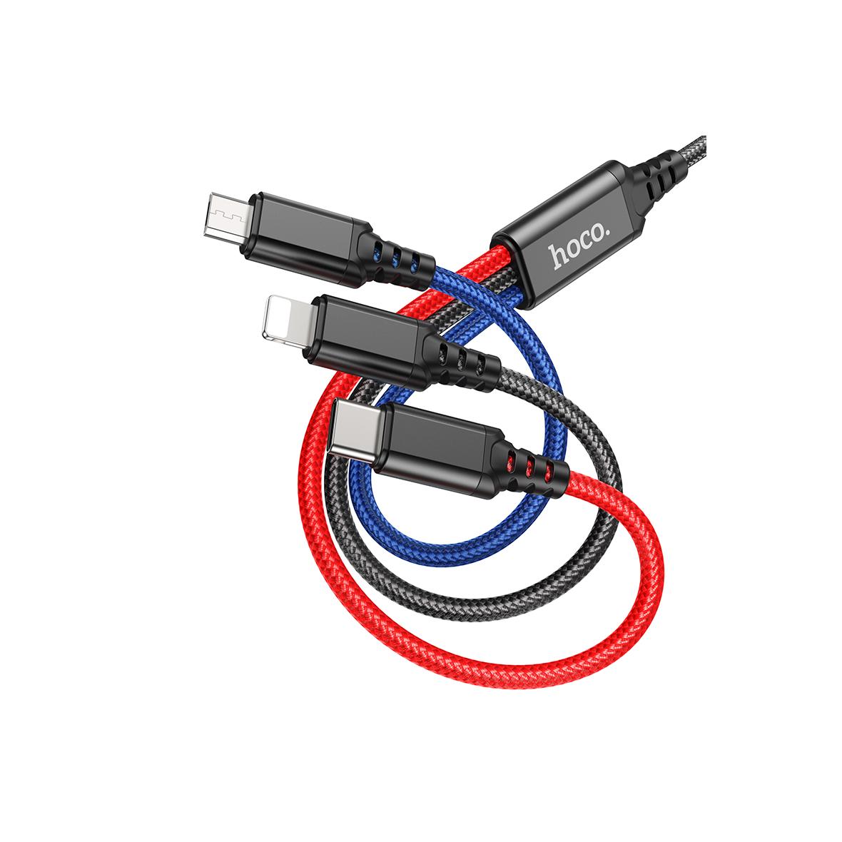 Kabel 3w1 USB A do Lightning / Micro USB / USB C Hoco 2A 1 m X76 czarny / czerwony / niebieski