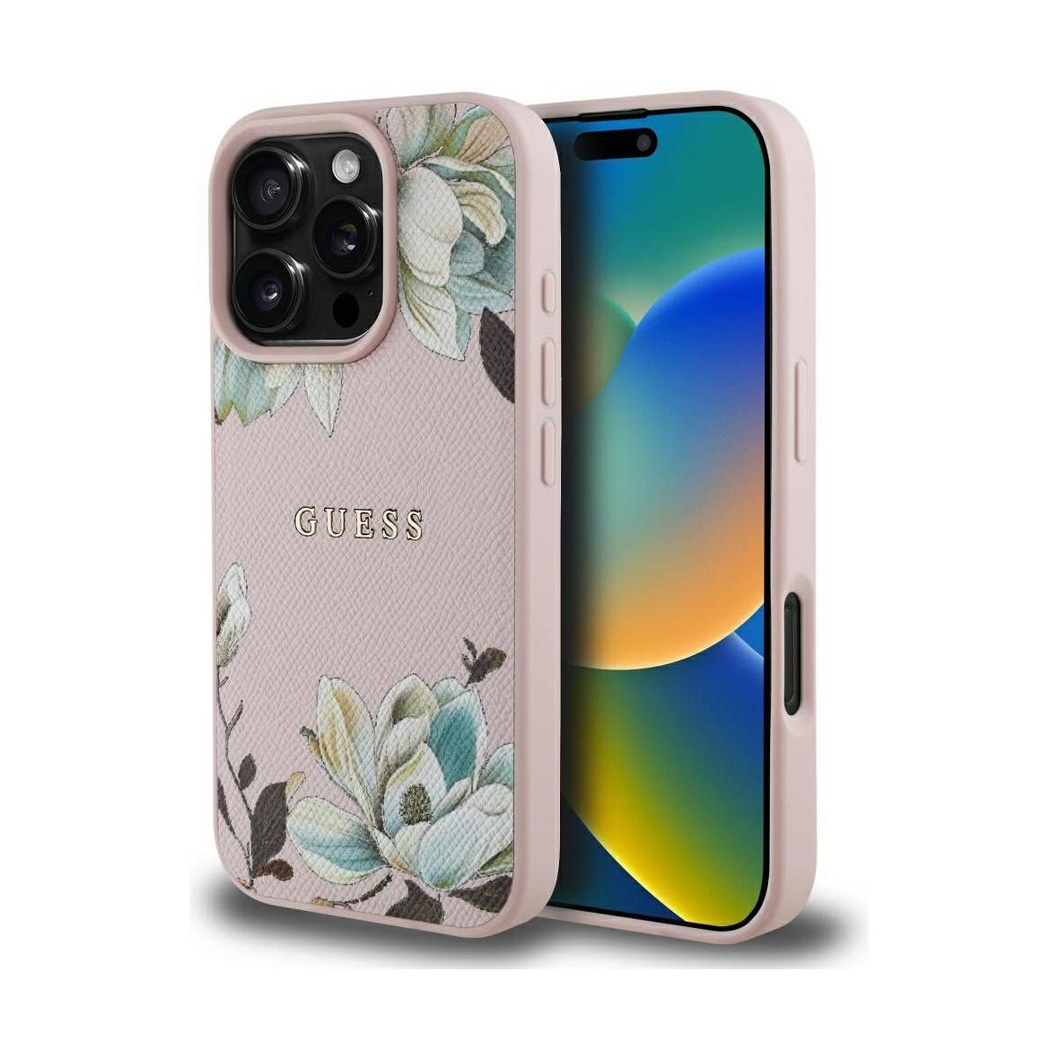 GUESS futerał do IPHONE 16 Pro Max kompatybilny z MagSafe GUHMP16XPGNMPLMP (PU Grained Flowers Classic Logo) różowy