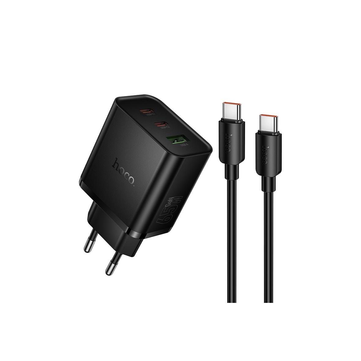 Ładowarka sieciowa do telefonu Hoco 2x USB C + USB A QC3.0 PD 3A 65W + kabel USB C do USB C N75 czarna