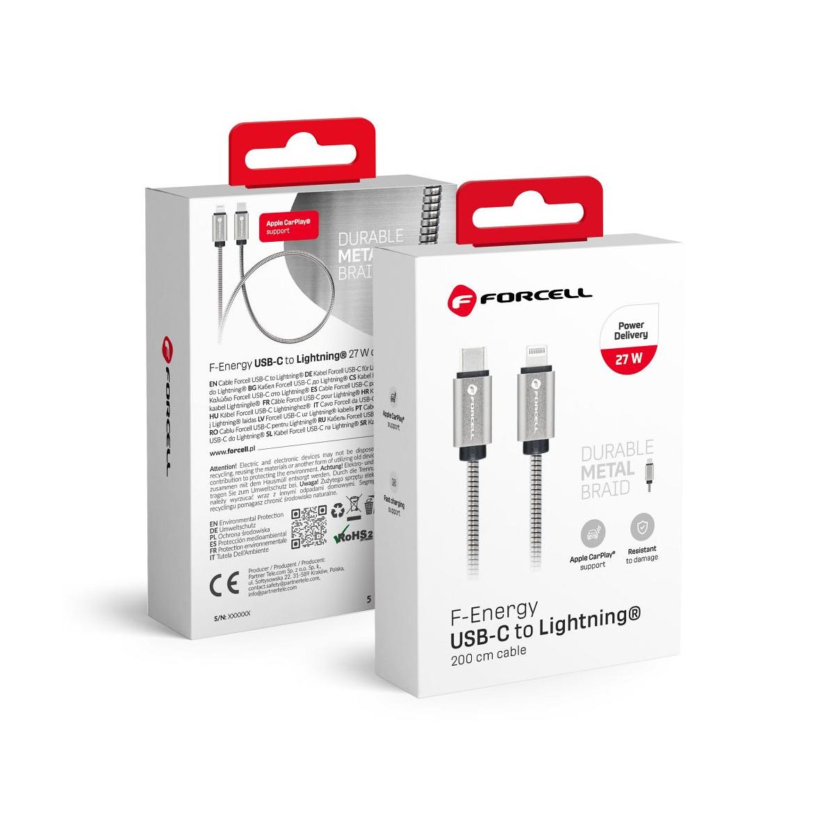 Kabel USB C do Lightning Forcell F-Energy PD 3A 27W Metal 2 m C238 srebrny