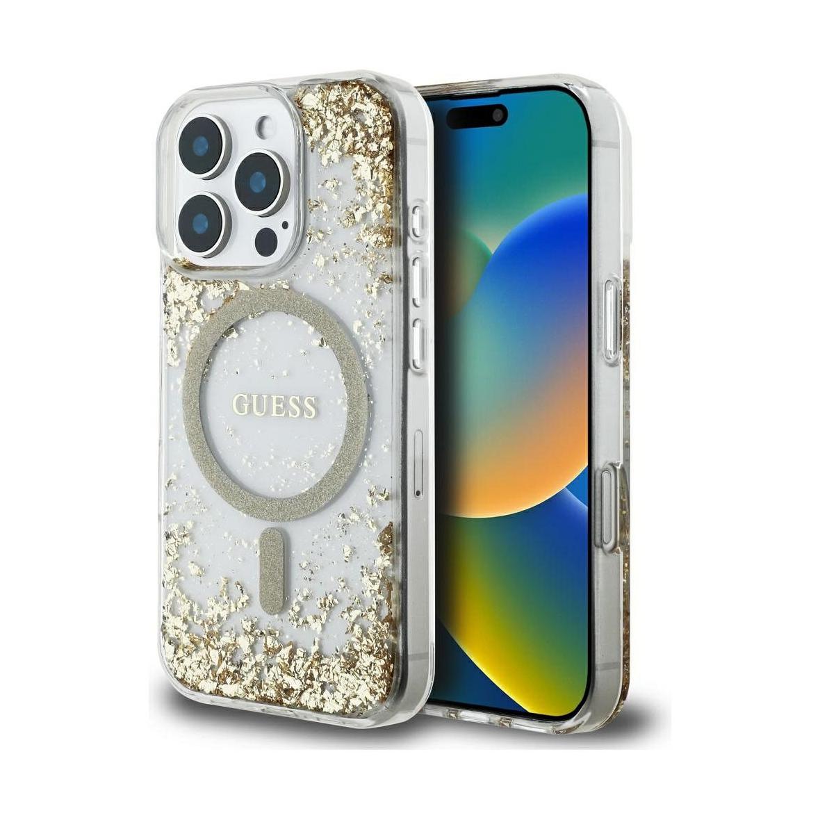 GUESS futerał do IPHONE 16 Pro Max kompatybilny z MagSafe GUHMP16XRGRGED (Resin Bottom Glitter) złoty