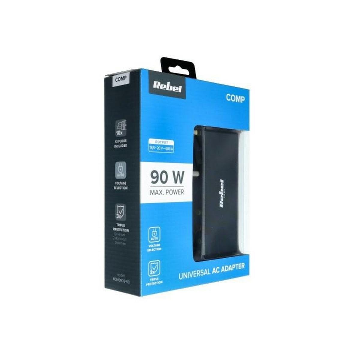 REBEL uniwersalny zasilacz sieciowy 90W 18-20V automatyczny 11 końcówek czarny
