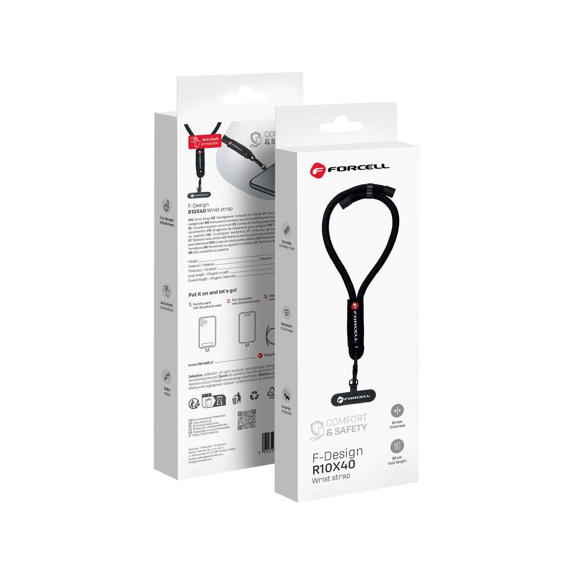 Smycz do telefonu na nadgarstek z regulacją długości Forcell F-Design R10X40 (max 20cm w pętli) czarna
