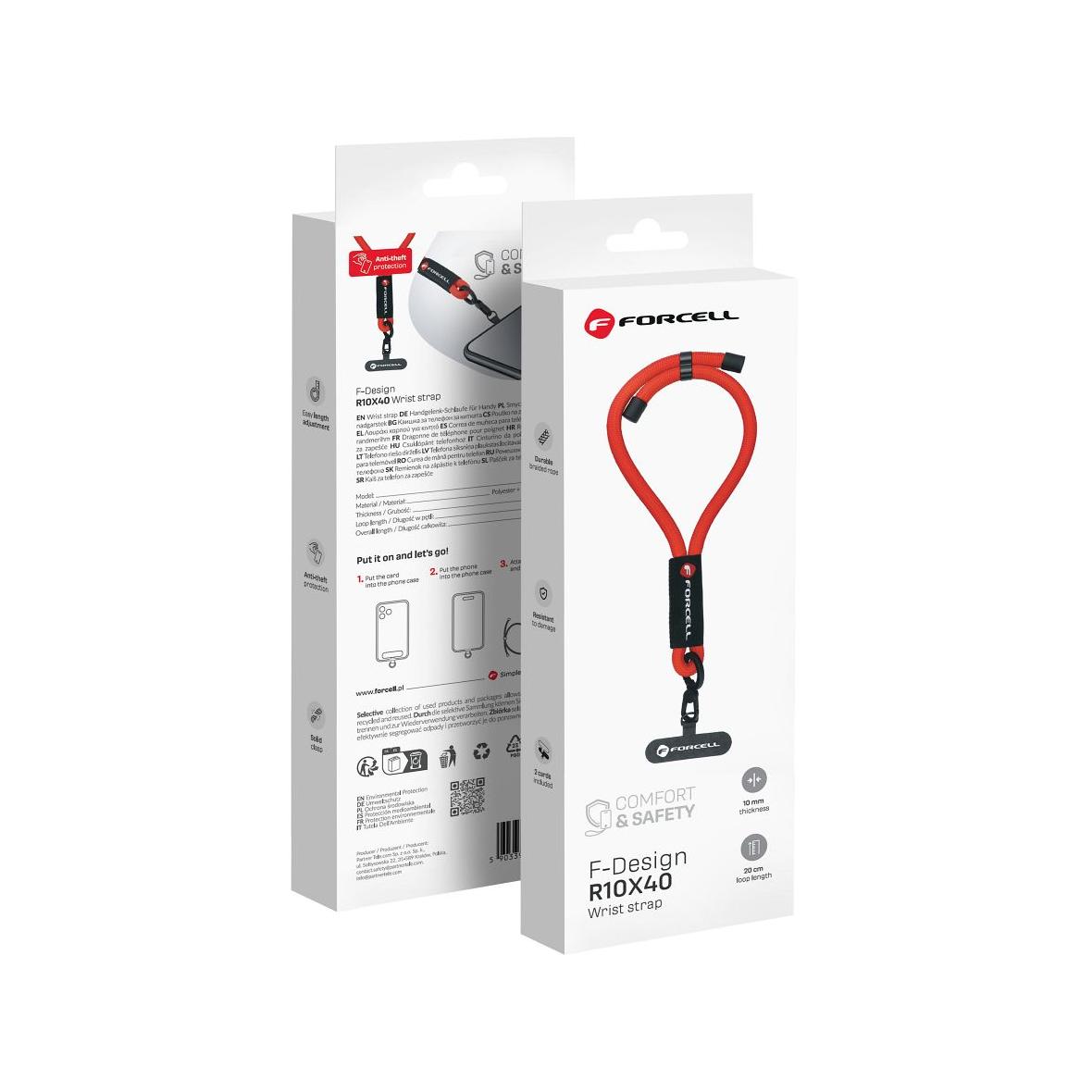 Smycz do telefonu na nadgarstek z regulacją długości Forcell F-Design R10X40 (max 20cm w pętli) czerwona