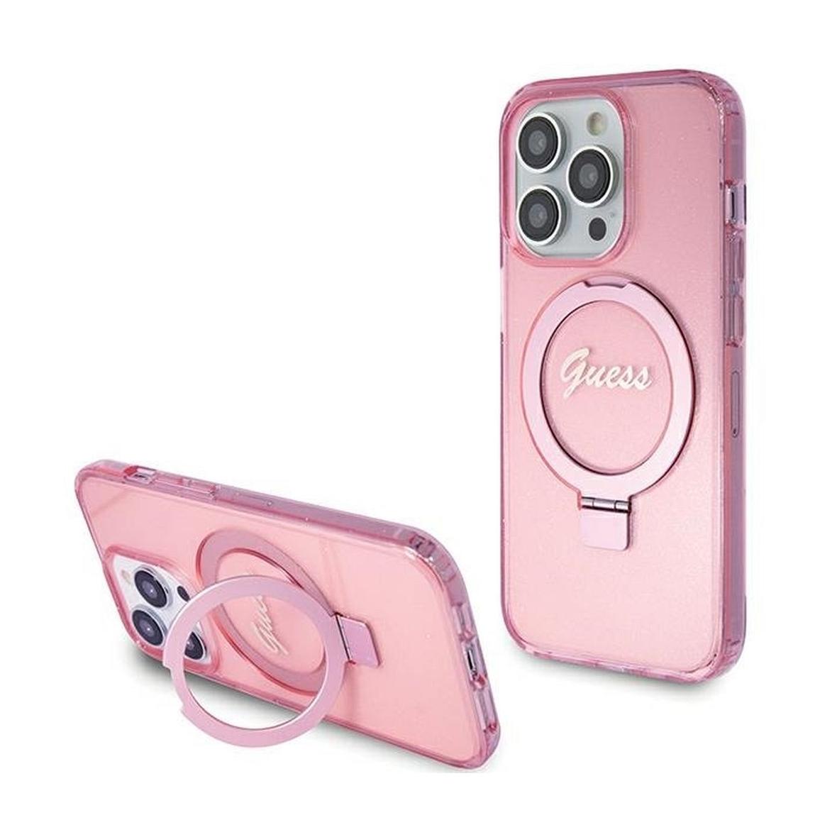 GUESS futerał do IPHONE 15 Pro kompatybilny z MagSafe GUHMP15LHRSGSP (Glitter Script Logo Ring stand) różowy