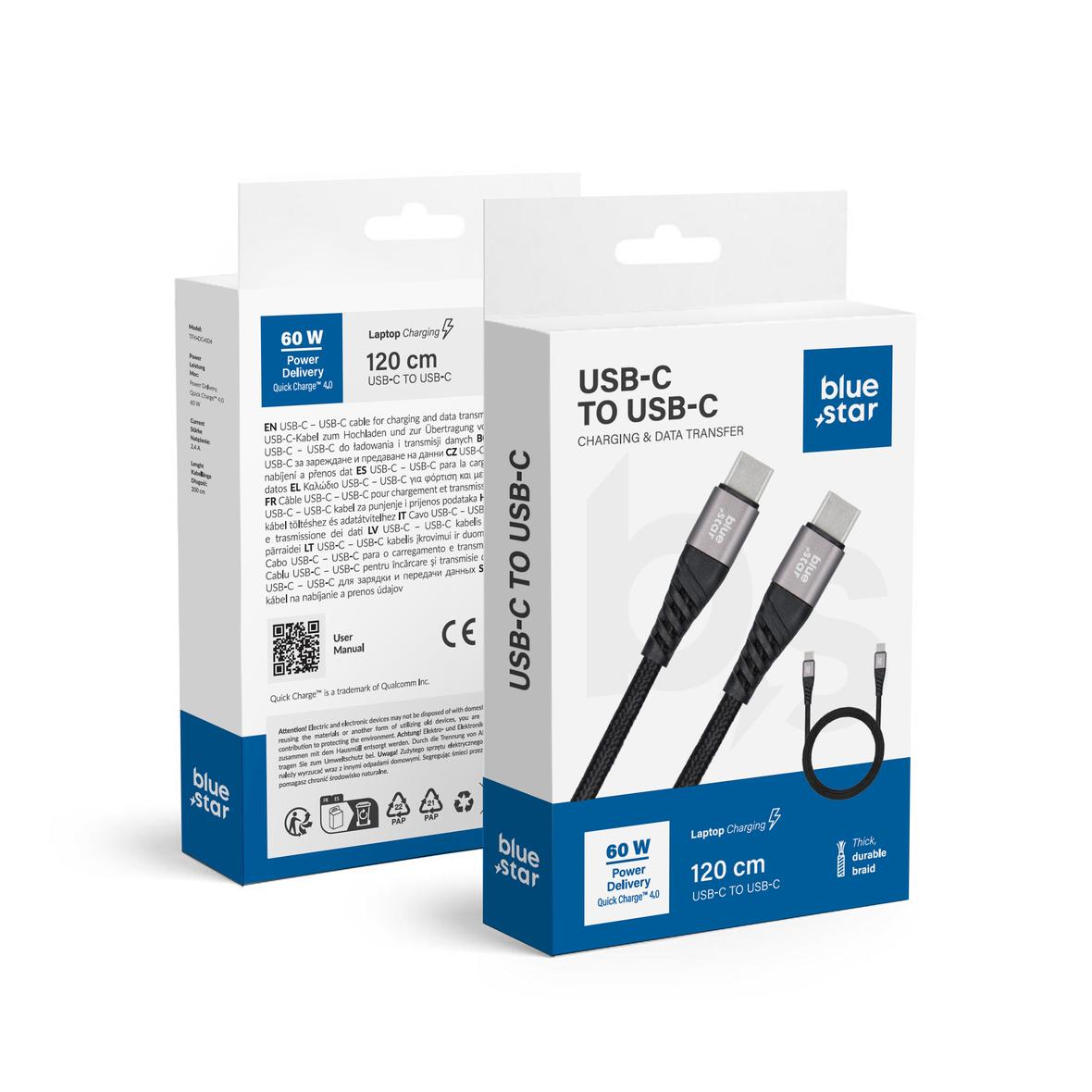 Kabel USB C do USB C Blue Star 3A 60W PD QC4.0 z oplotem 1,2 m TFK-DC-003 czarny
