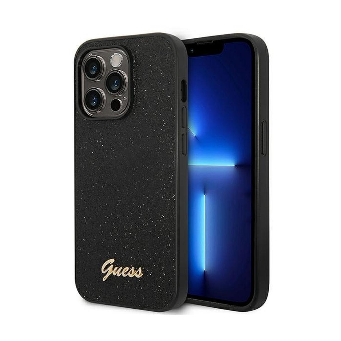 GUESS futerał do IPHONE 14 Pro GUHCP14LHGGSHK (Glitter Flakes Script Metal Logo) czarny
