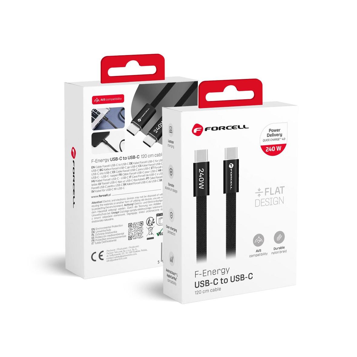 Kabel USB C do USB C Forcell F-Energy QC4.0 PD 5A 240W Cafule Flat 1,2 m CCFN23 czarny