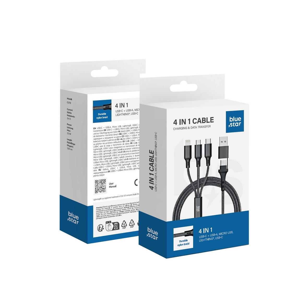 Kabel 4w1 USB C / USB A  do Micro USB / Lightning / USB C Blue Star 2,4A 12W Cafule 1,2 m C172 czarny
