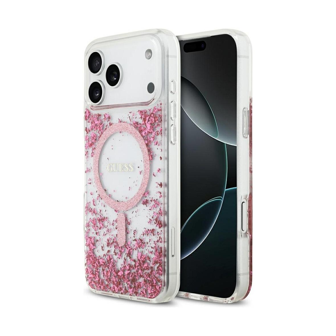 GUESS futerał do IPHONE 17 Pro Max kompatybilny z MagSafe GUHMP17XRGRGEP (Resin Bottom Glitter) różowy