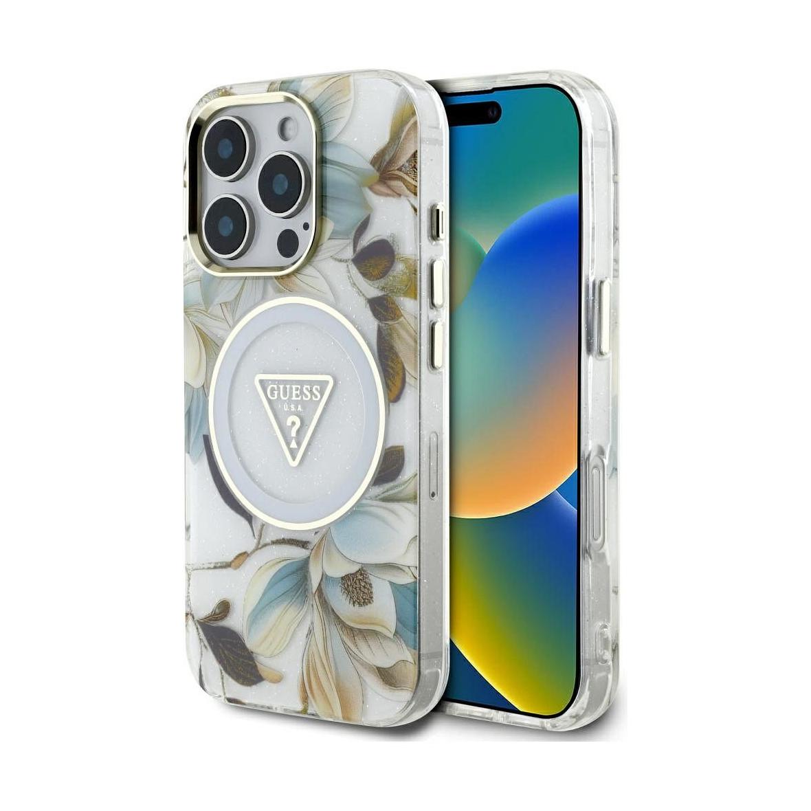 GUESS futerał do IPHONE 16 Pro Max kompatybyliny z MagSafe GUHMP16XHFLPEDH (IML Metal Glitter Flowers Triangle) biały