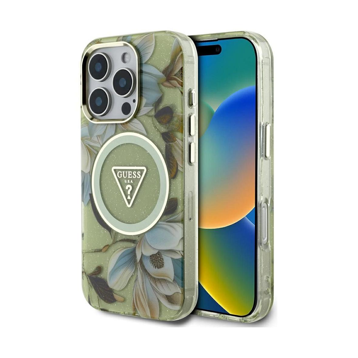 GUESS futerał do IPHONE 16 Pro Max kompatybyliny z MagSafe GUHMP16XHFLPEDN (IML Metal Glitter Flowers Triangle) zielony