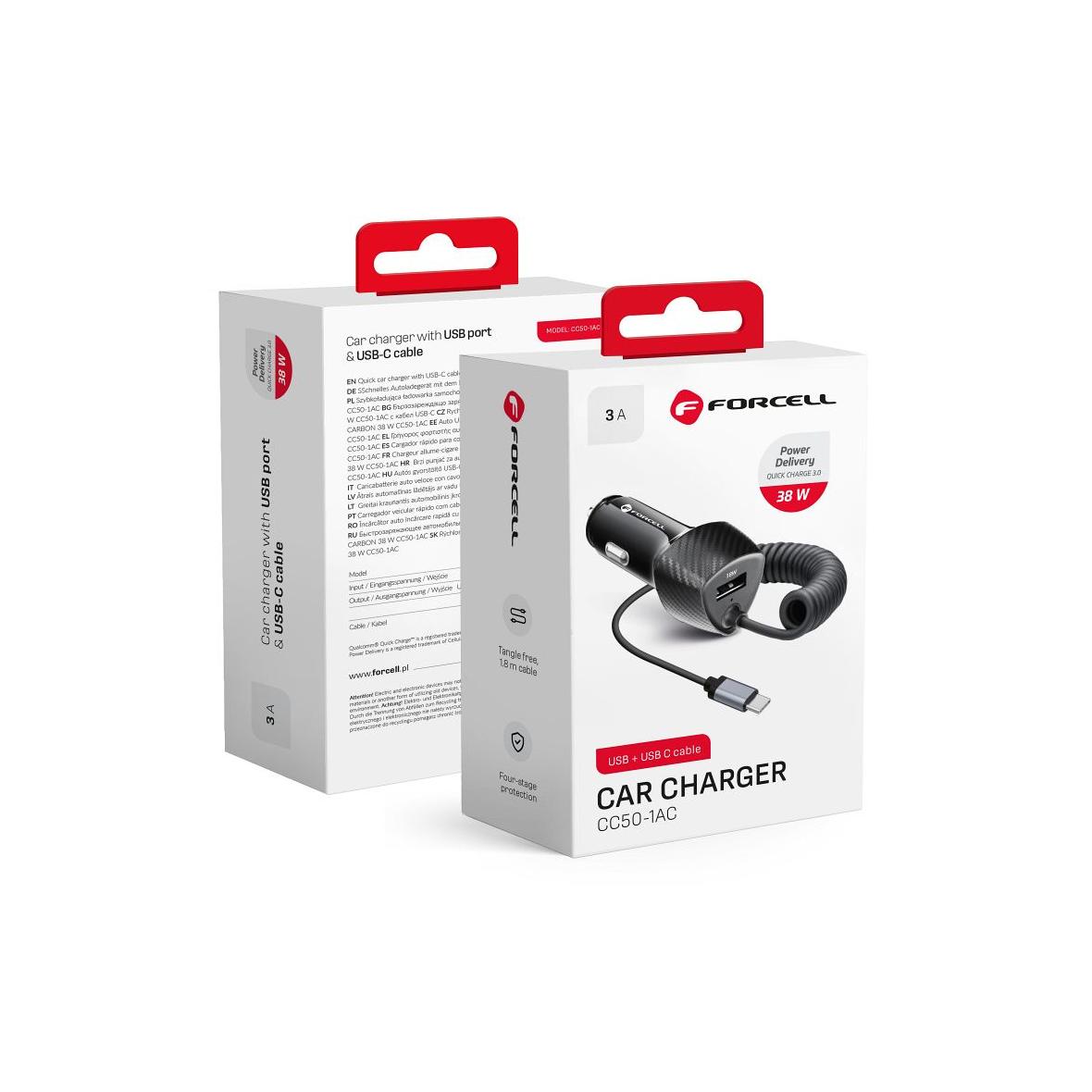 Ładowarka samochodowa Forcell F-Energy Carbon USB A QC3.0 PD 3A 38W z kablem USB C CC50-1AC czarna