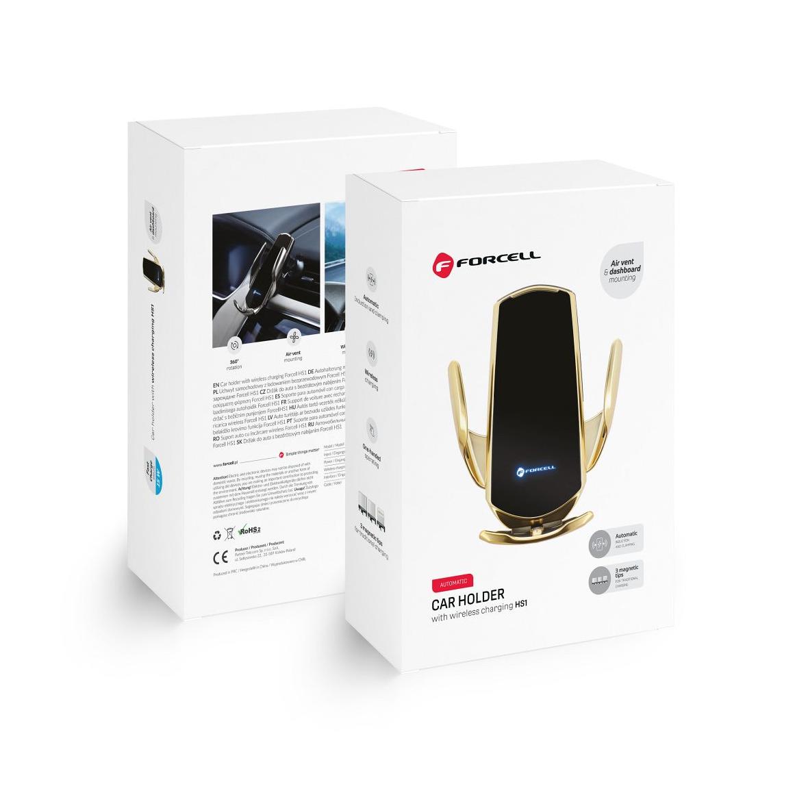 Uchwyt na telefon do samochodu indukcyjny automatyczny Forcell F-Grip HS1 Qi 15W do szyby / kratki złoty