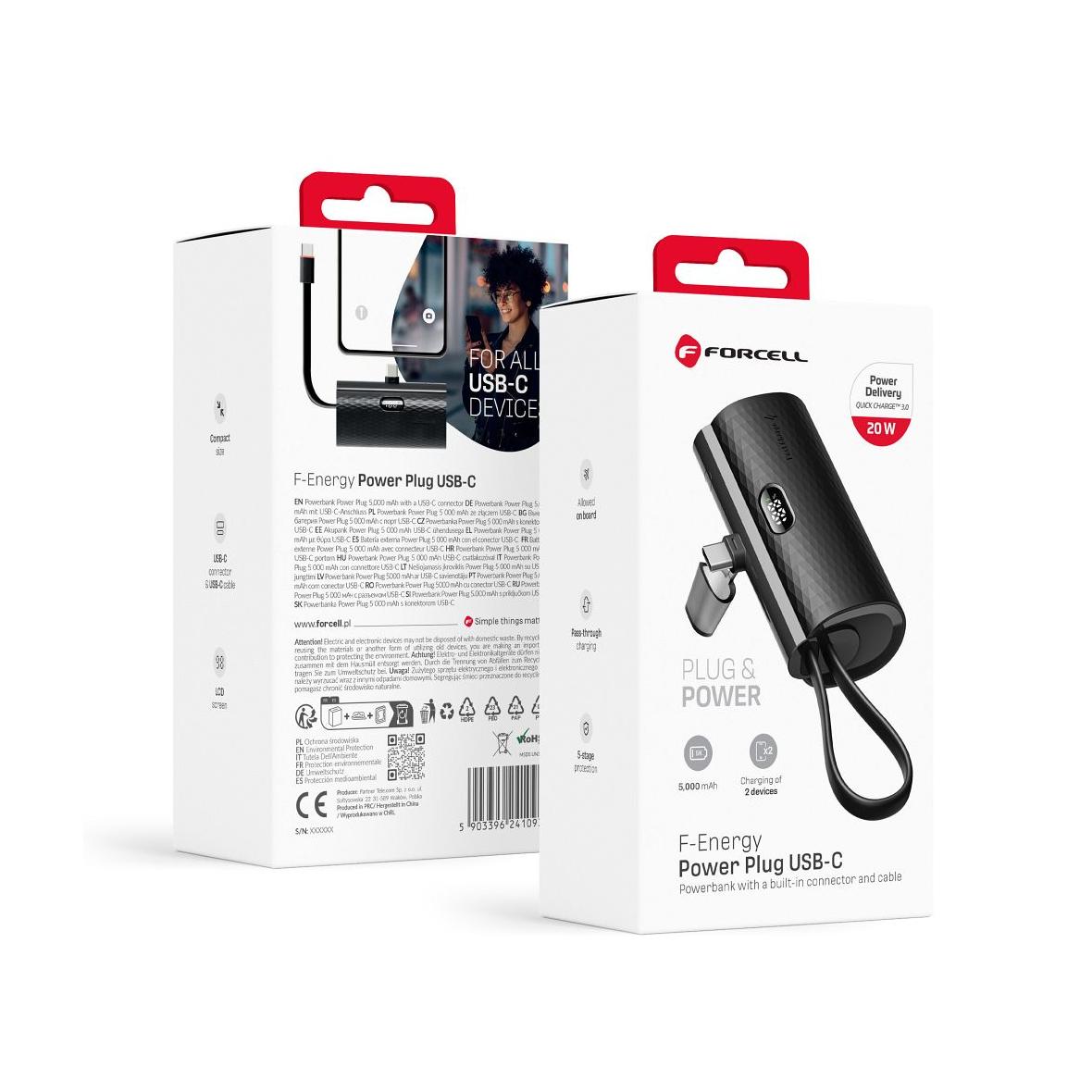 Powerbank Forcell F-Energy Power Plug F5K3 PD 20W 5000 mAh z wbudowanym złączem USB C czarny