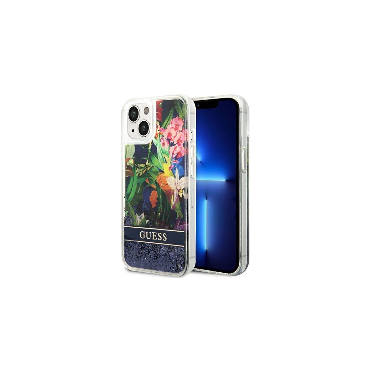 GUESS futerał do IPHONE 13 / 14 / 15 GUHCP14SLFLSB (Flower Liquid Glitter) niebieski