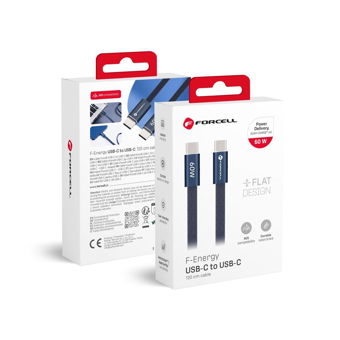 Kabel USB C do USB C Forcell F-Energy QC4.0 PD 3A 60W Cafule Flat 1,2 m CCFN23 granatowy