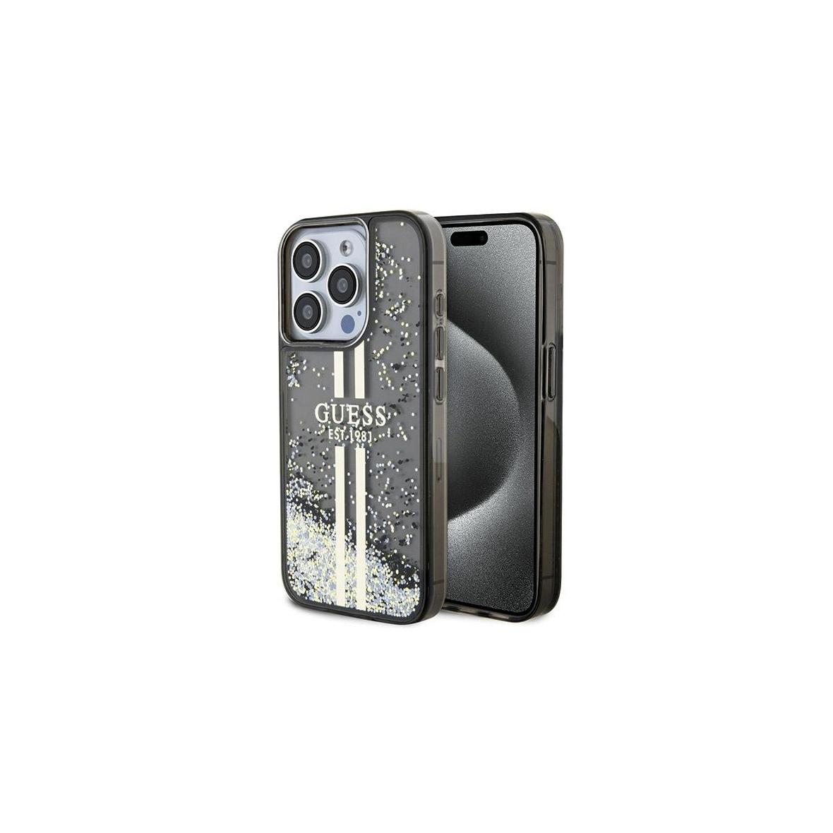GUESS futerał do IPHONE 15 Pro Max GUHCP15XLFCSEGK (Liquid Glitter Gold Stripes) czarny