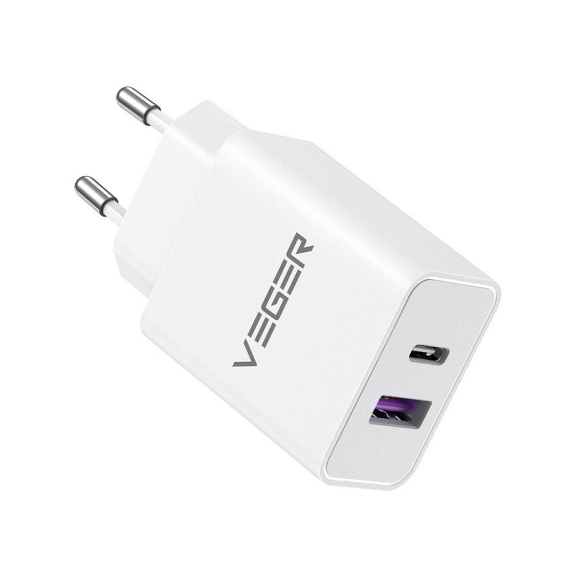 Ładowarka sieciowa do telefonu VEGER USB A + Typ C PD QC3.0 3,25A 65W TCE650 biała