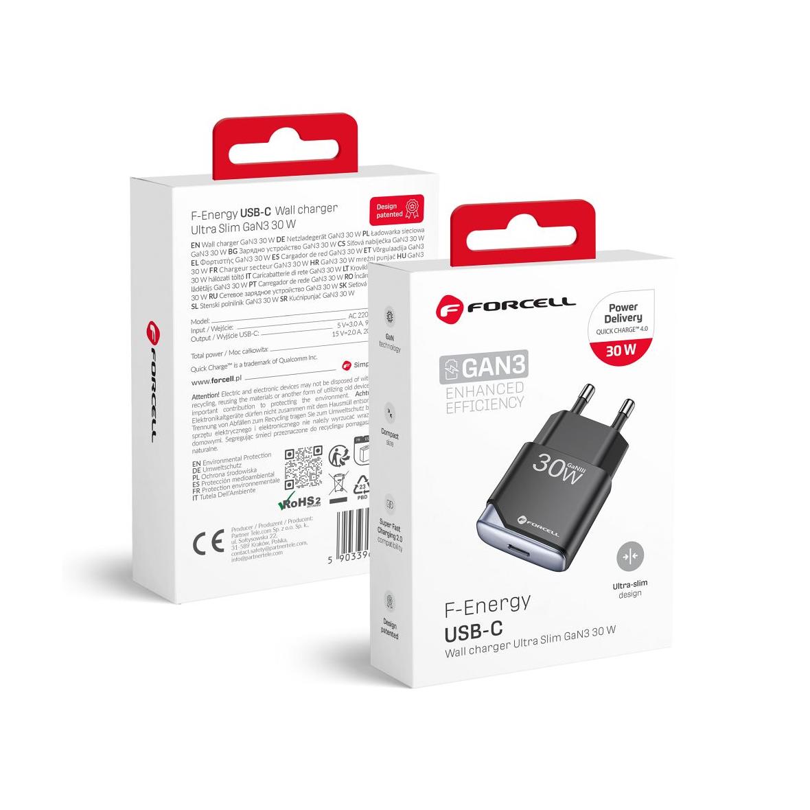 Ładowarka sieciowa do telefonu Forcell F-Energy Ultra Slim GaN III USB C PD QC4.0 3A 30W B130101-E czarna