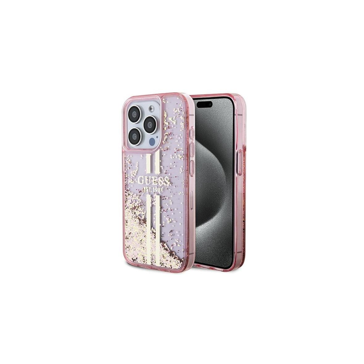 GUESS futerał do IPHONE 15 Pro GUHCP15LLFCSEGP (Liquid Glitter Gold Stripes) różowy