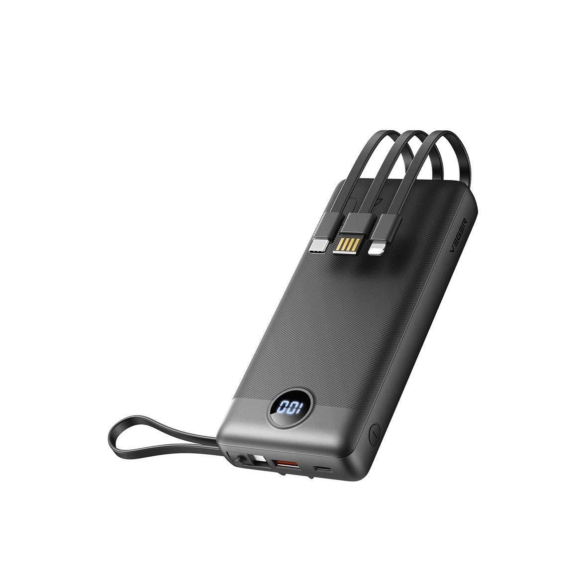 Powerbank Veger C20 (W2047 / W2059) 20000 mAh z wbudowanymi kablami Micro USB / Typ C / Lightning czarny