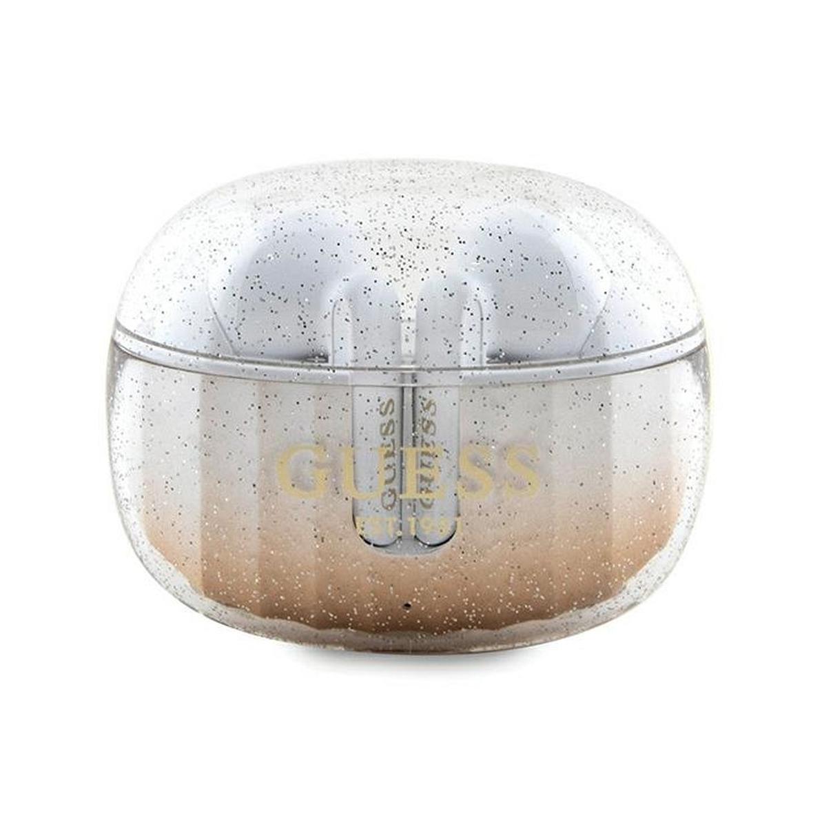 Słuchawki bezprzewodowe douszne Guess TWS + stacja dokująca GUTWSHDGKEED (Glitter gradient) złote