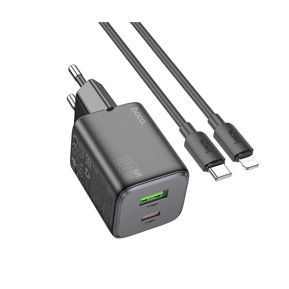 Ładowarka sieciowa do telefonu Hoco USB A + USB C QC PD 3A 20W + kabel USB C do Lightning N41 czarna
