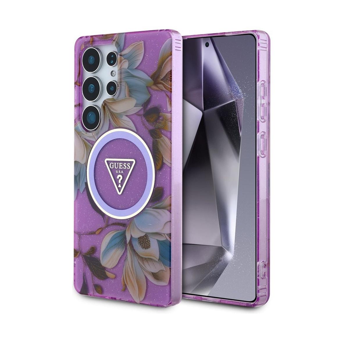 GUESS futerał do SAMSUNG S25 Ultra GUHMS25LHFLPEDU (Magnetic IML Metal Glitter Flowers Triangle) fioletowy