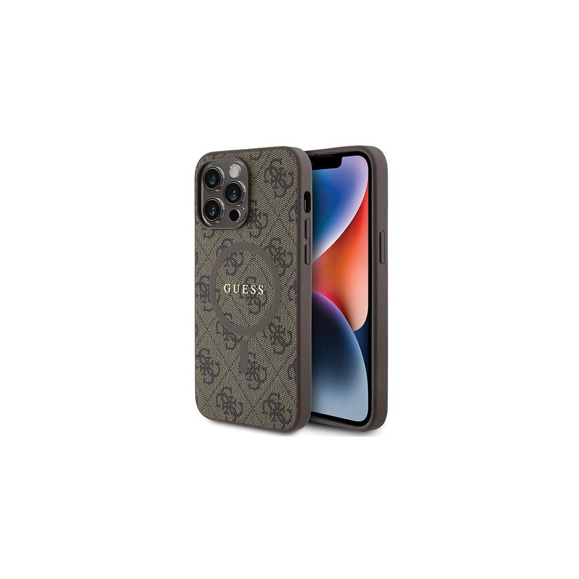 GUESS futerał do IPHONE 15 Pro kompatybilny z MagSafe GUHMP15LG4GFRW (4G Ring classic logo) brązowy