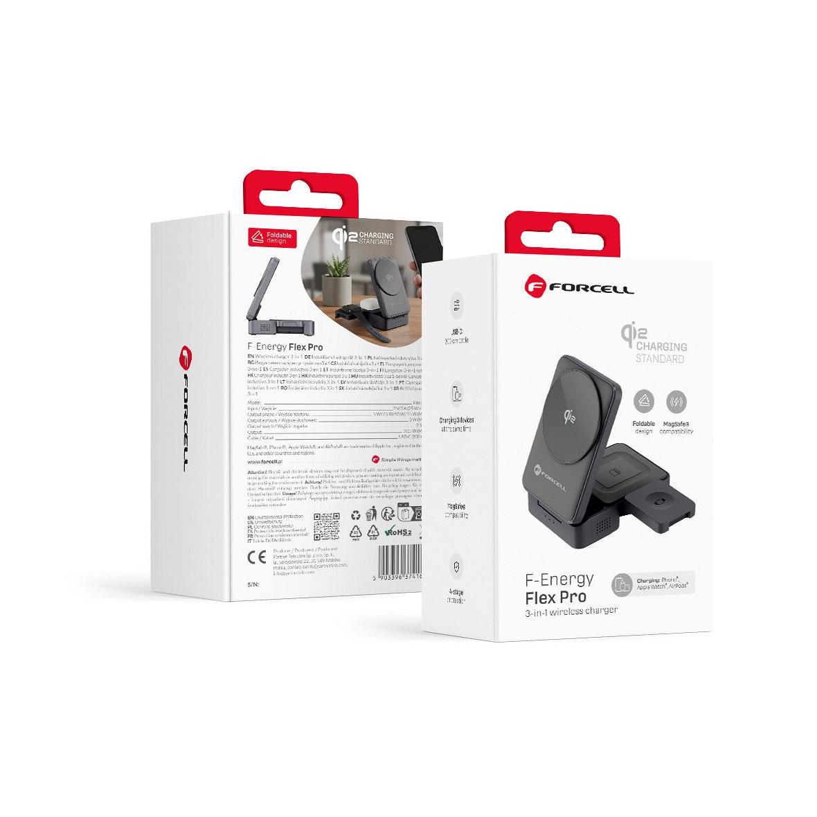 Ładowarka indukcyjna Forcell F-Energy 3w1 Flex Pro Qi2 zgodna z MagSafe (F-05) srebrna