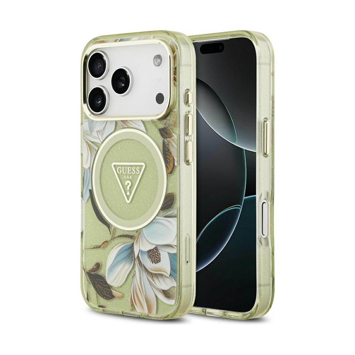 GUESS futerał do IPHONE 17 Pro kompatybilny z MagSafe GUHMP17LHFLPEDN (IML Metal Glitter Flowers Triangle) zielony