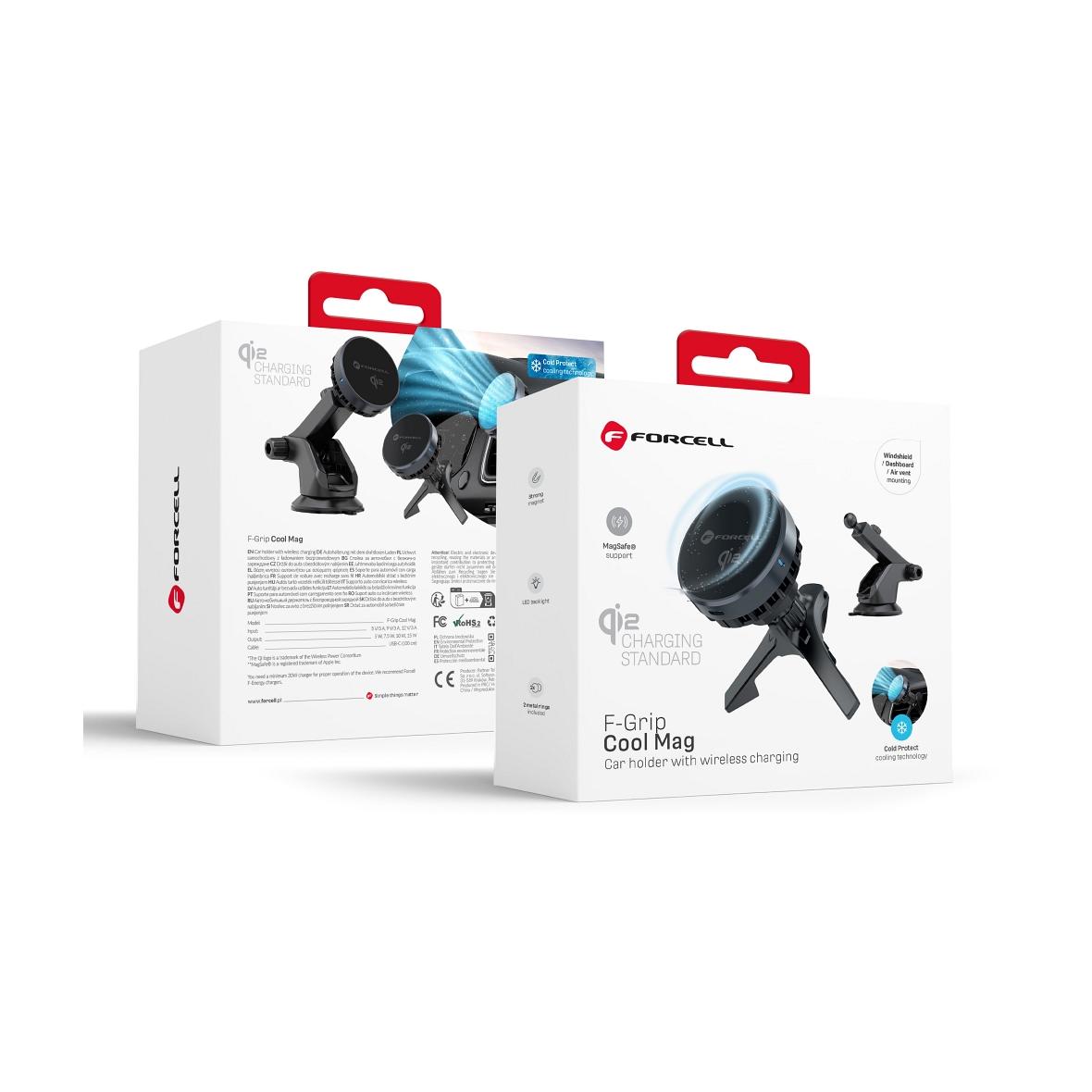 Uchwyt na telefon do samochodu magnetyczny zgodny z MagSafe Forcell F-Grip Cool Mag z technologią chłodzenia Cold Protect Qi2 15W do szyby / deski / kratki czarny