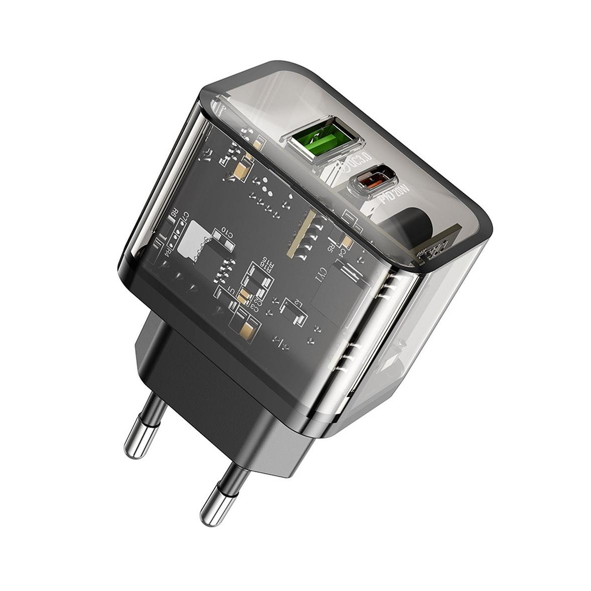 Ładowarka sieciowa do telefonu Hoco USB A + USB C QC3.0 PD 3A 20W N34 transparentna