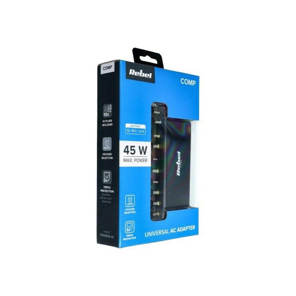 REBEL uniwersalny zasilacz sieciowy 45W 12-19.5V automatyczny 10 końcówek czarny