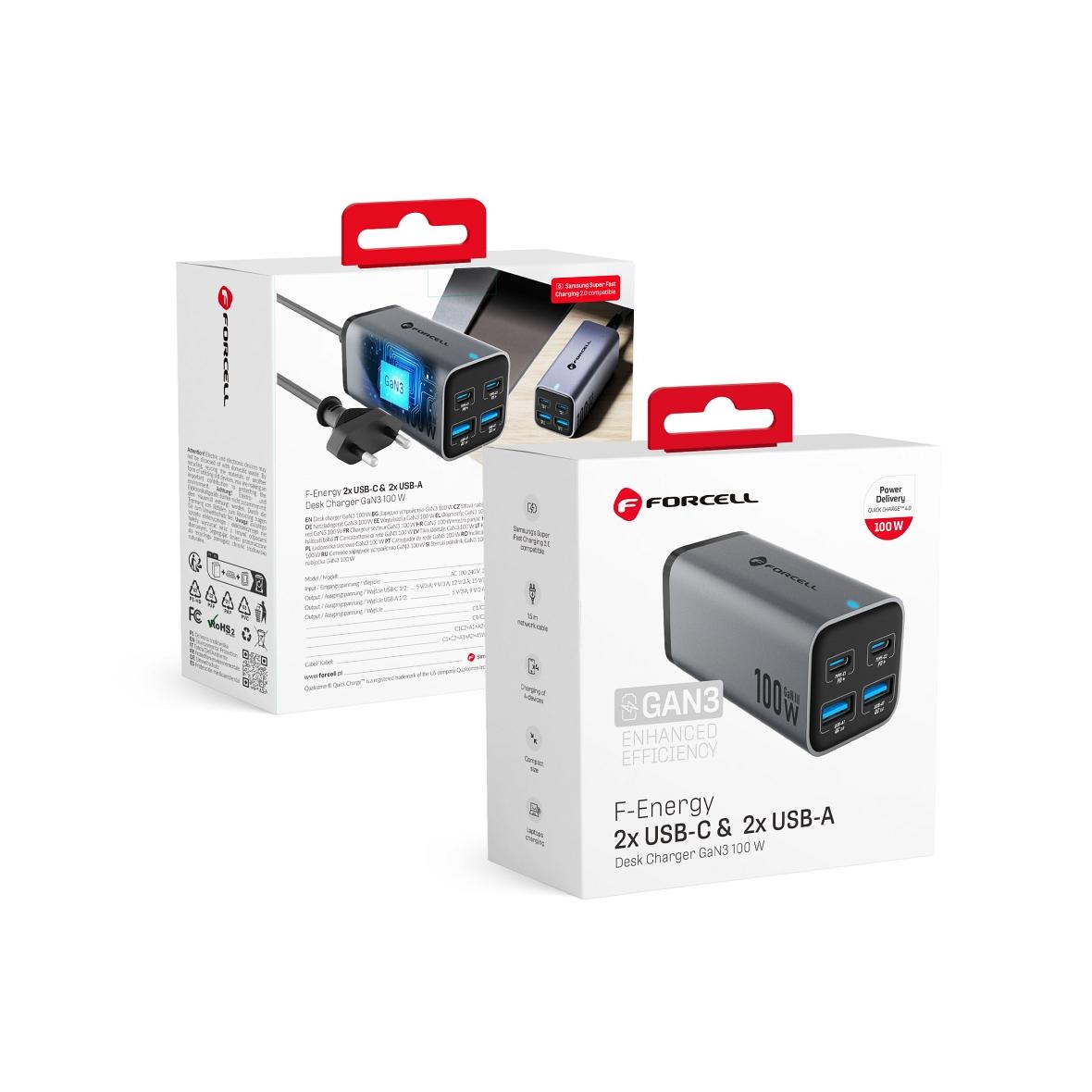 Ładowarka biurkowa Forcell F-Energy GaN III 2 x USB C + 2 x USB A QC4.0 PD 5A 100W VT-49 szara