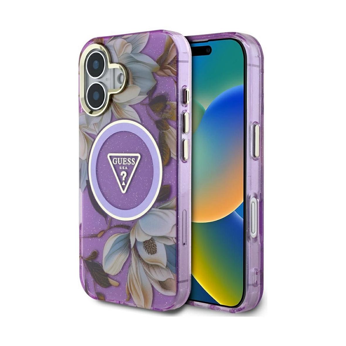GUESS futerał do IPHONE 16 kompatybyliny z MagSafe GUHMP16SHFLPEDU (IML Metal Glitter Flowers Triangle) fioletowy