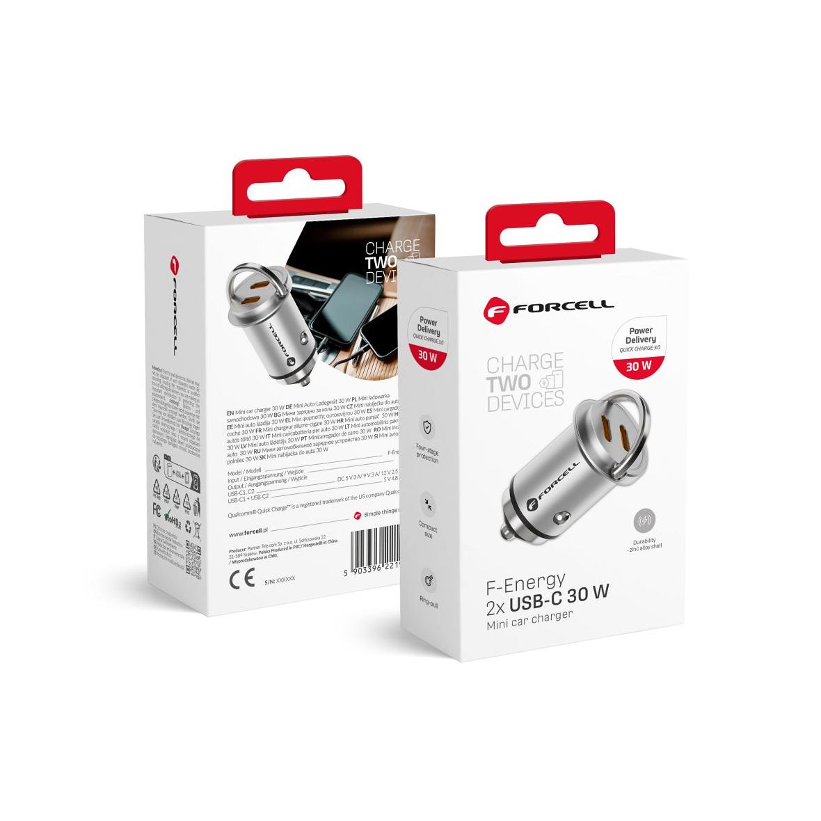 Ładowarka samochodowa Forcell F-Energy Mini 2 x USB C QC3.0 PD 3A 30W srebrna