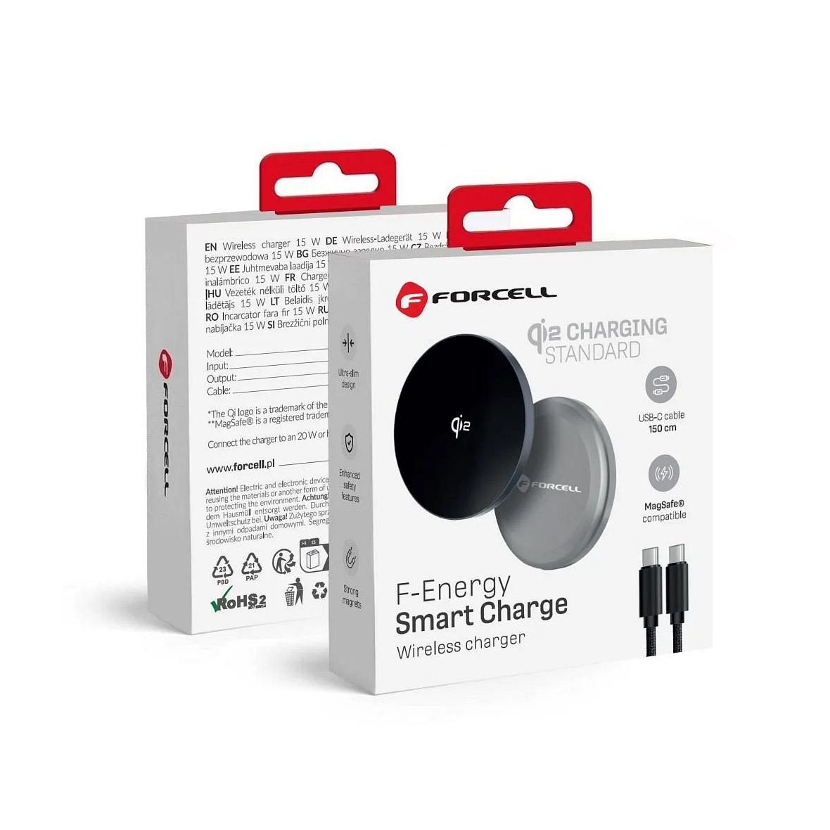 Ładowarka indukcyjna Forcell F-Energy Smart Charge USB C Qi2 15W zgodna z MagSafe z odpinanym kablem 1,5 m srebrna