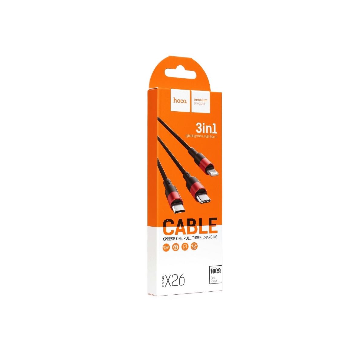 Kabel 3w1 USB A do Lightning / Micro USB / USB C Hoco 2A 1 m X26 czarno czerwony