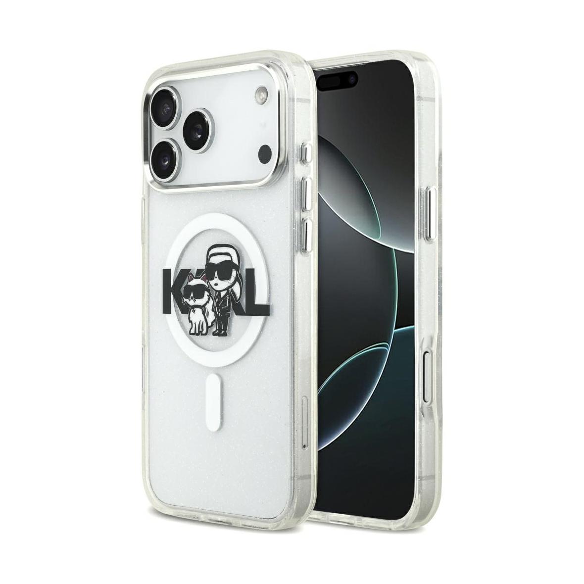 KARL LAGERFELD futerał do IPHONE 17 Pro Max kompatybilny z MagSafe KLHMP17XHGKCGKBT (IML Glitter K&C Sketch Logo) transparentny