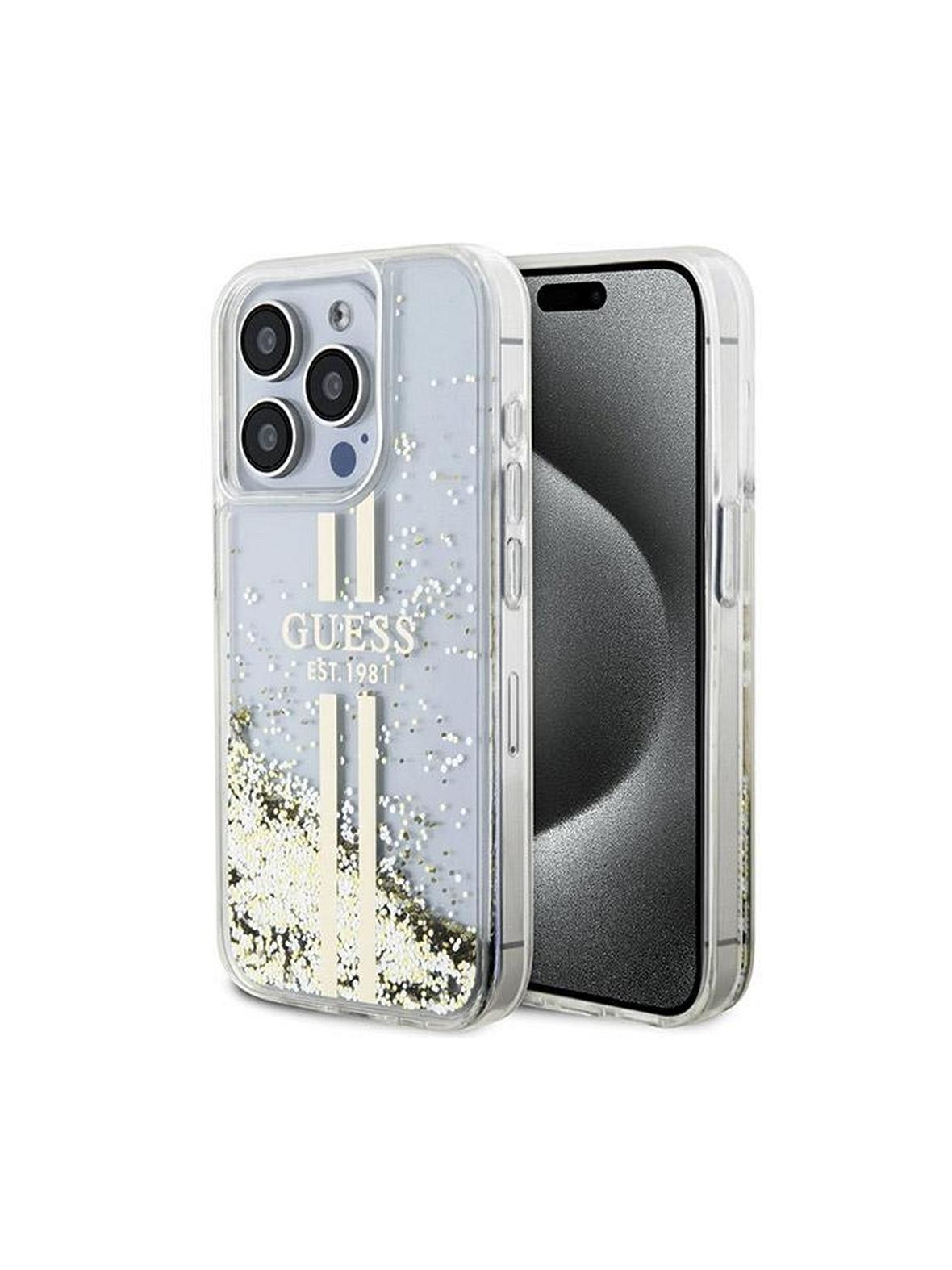 GUESS futerał do IPHONE 15 Pro Max GUHCP15XLFCSEGT (Liquid Glitter Gold Stripes) transparentny