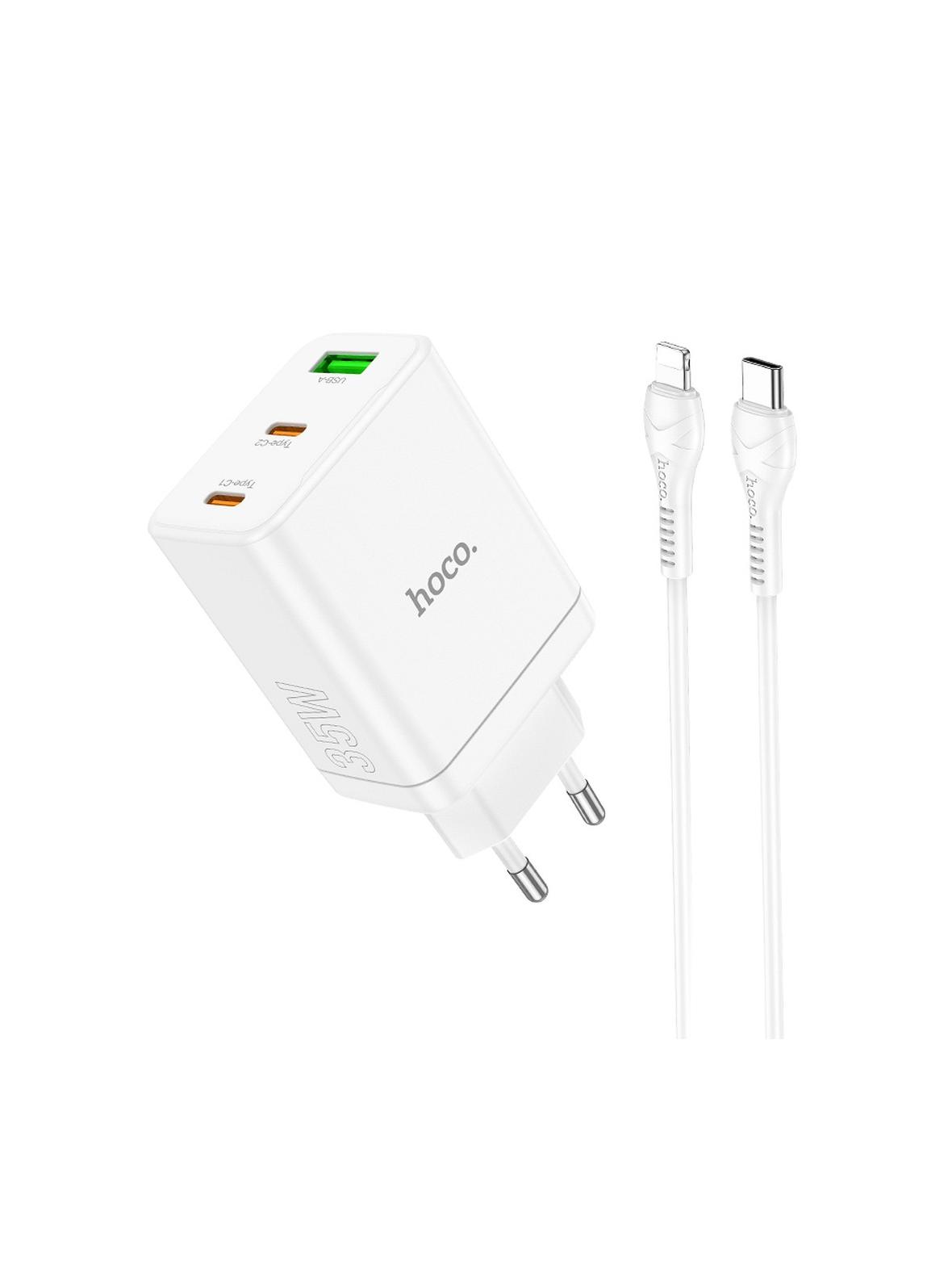 Ładowarka sieciowa do telefonu Hoco 2 x USB C + USB A QC3.0 PD 3A 35W + kabel USB C do Lightning N33 biała
