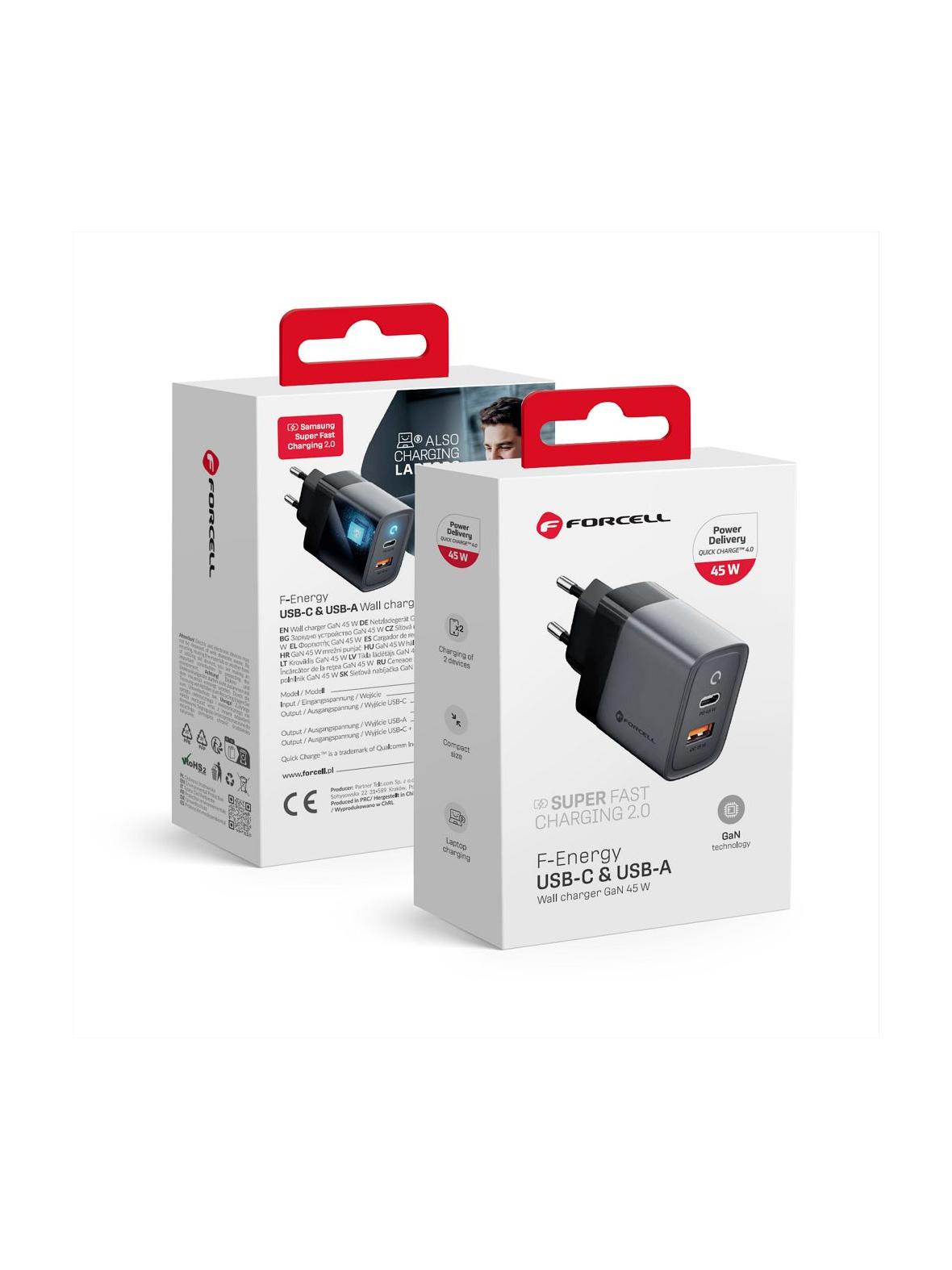 Ładowarka sieciowa do telefonu Forcell F-Energy GaN USB C + USB A QC4.0 PD 4A 45W VT-39 szara