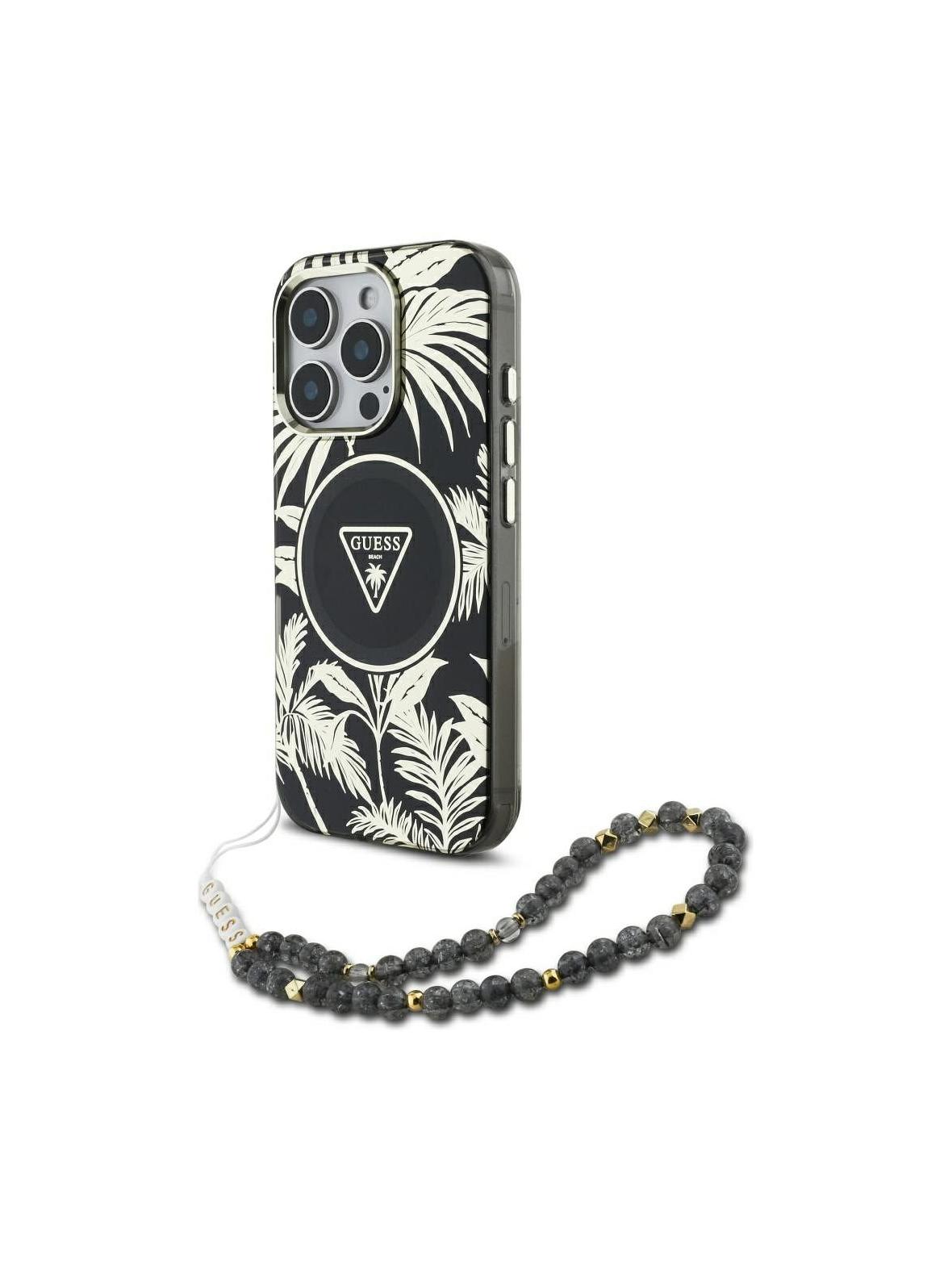 GUESS futerał do IPHONE 16 Pro kompatybilny z MagSafe GUHMP16LHPCTPLSK (IML Palm Trees Triangle W/ Pearl Strap) czarny