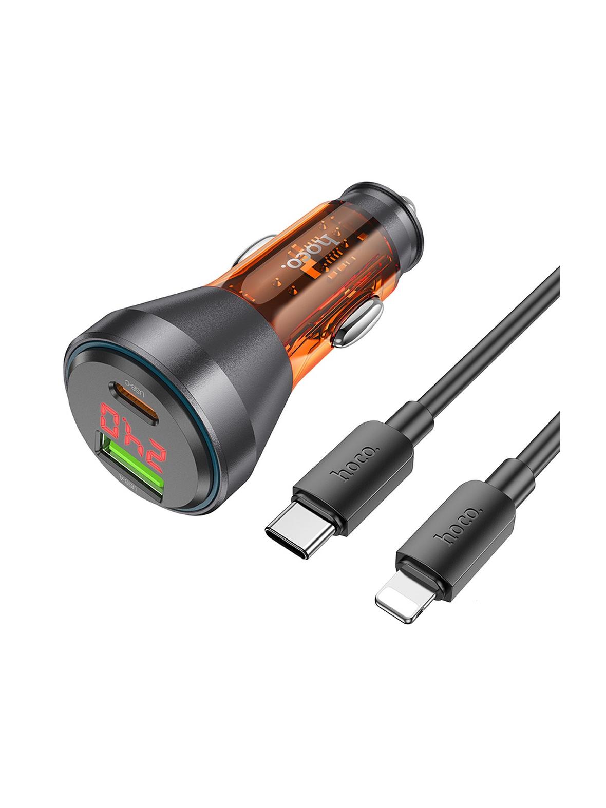 Ładowarka samochodowa Hoco USB A + USB C QC3.0 PD 3A 48W z wyświetlaczem + kabel USB C do Lightning NZ12B transparentna pomarańczowa