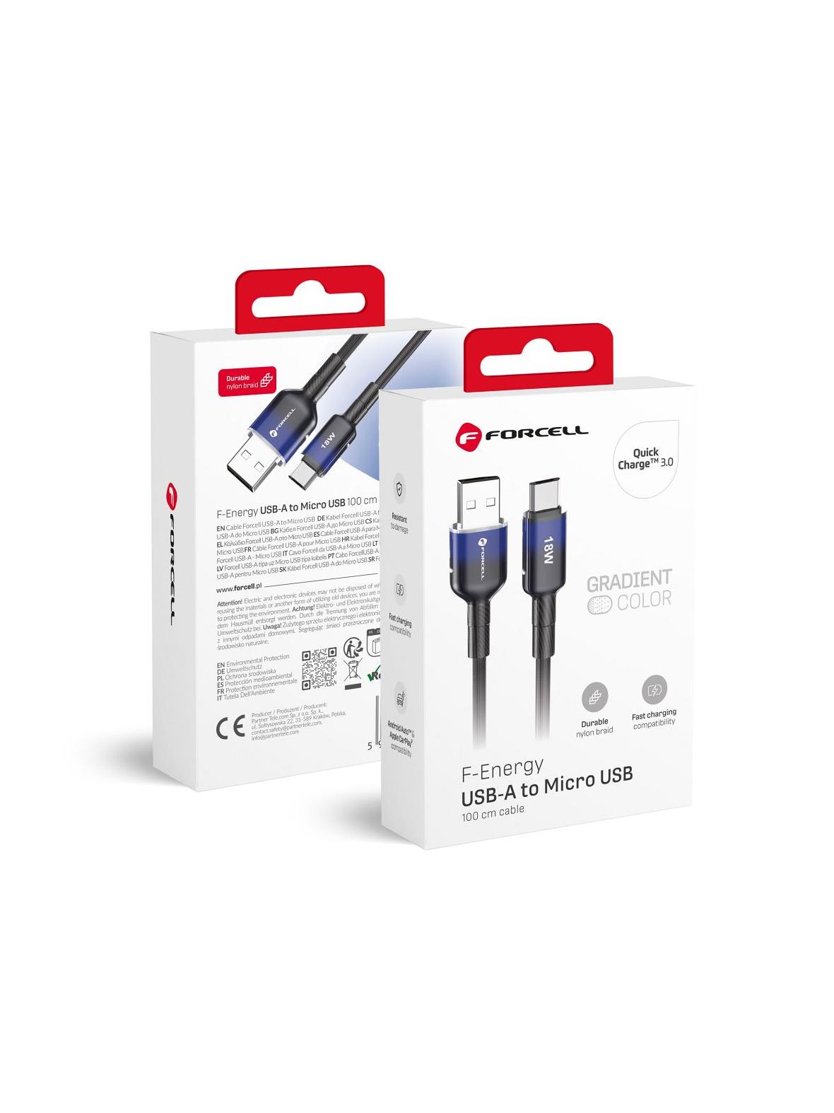 Kabel USB A do Micro USB Forcell F-Energy QC3.0 2,4A 18W Gradient 1 m C351 czarny